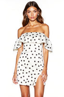Load image into Gallery viewer, Off the Shoulder White and Black Tight Short Polka Dot Dress with Slit