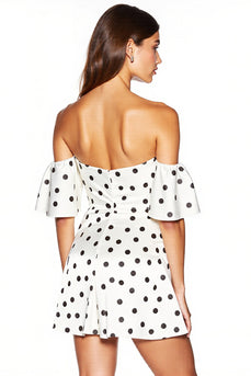 Off the Shoulder White and Black Tight Short Polka Dot Dress with Slit