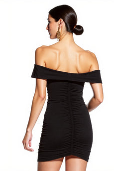 Off the Shoulder Black Ruched Tight Short Cocktail Dress