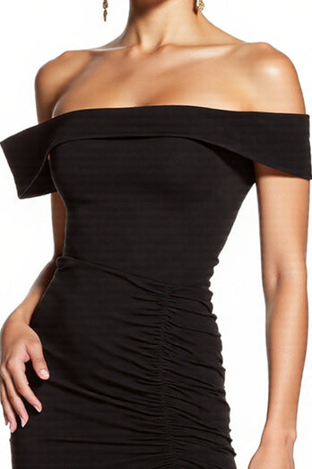 Off the Shoulder Black Ruched Tight Short Cocktail Dress