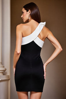 Black and White Short Patchwork Cocktail Dress with Bow