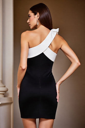 Black and White Short Patchwork Cocktail Dress with Bow