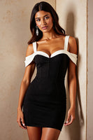 Load image into Gallery viewer, Black and White Corset Cold Shoulder Tight Short Satin Patchwork Cocktail Dress