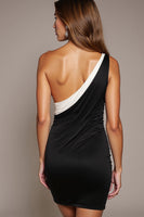 Load image into Gallery viewer, Black and White One Shoulder Tight Short Patchwork Cocktail Dress with Bow