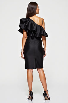 One Shoulder Short Black Tight Cocktail Dress with Ruffles