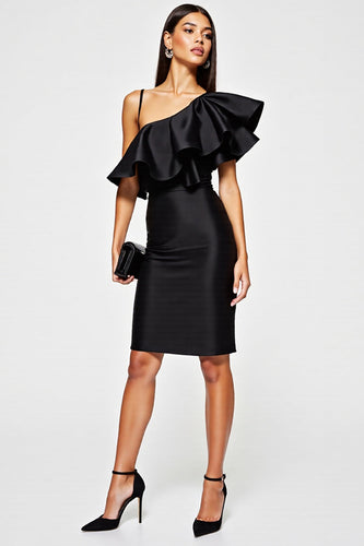One Shoulder Short Black Tight Cocktail Dress with Ruffles