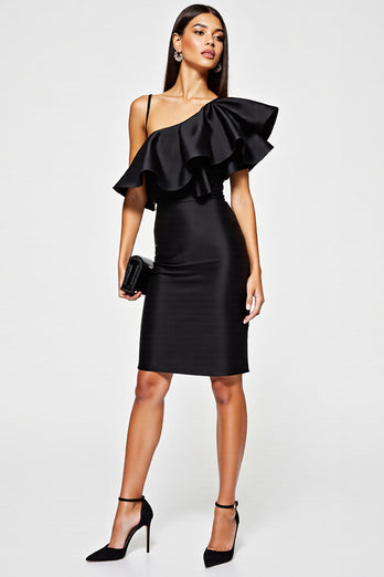 One Shoulder Short Black Tight Cocktail Dress with Ruffles