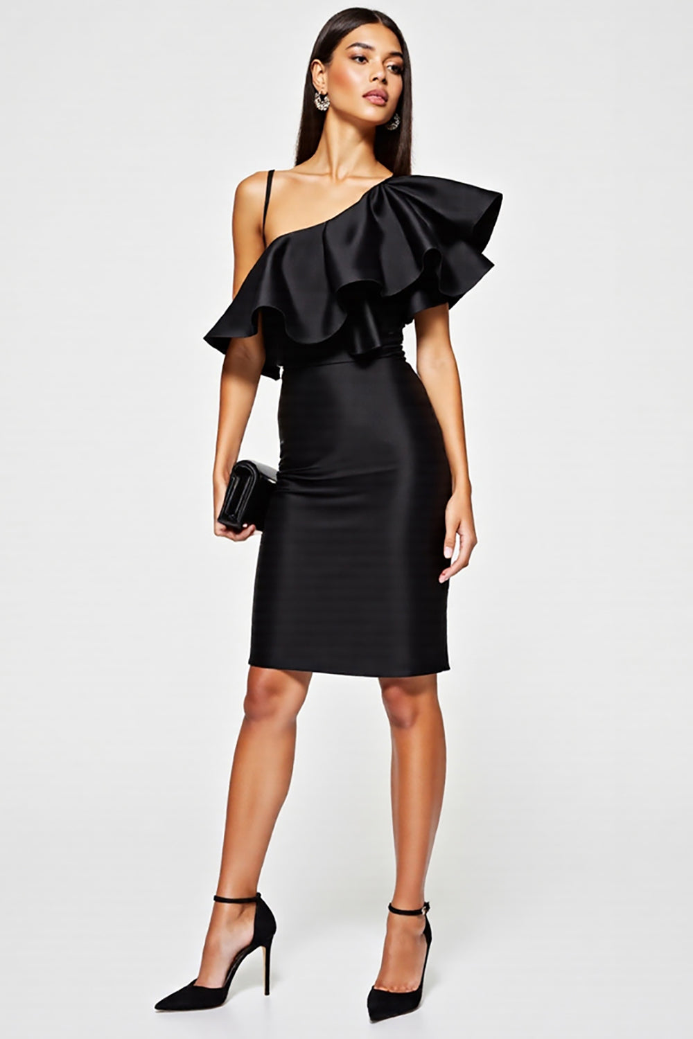 One Shoulder Short Black Tight Cocktail Dress with Ruffles