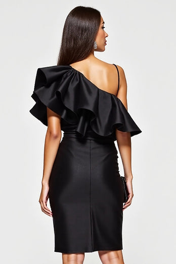 One Shoulder Short Black Tight Cocktail Dress with Ruffles