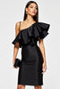 Load image into Gallery viewer, One Shoulder Short Black Tight Cocktail Dress with Ruffles