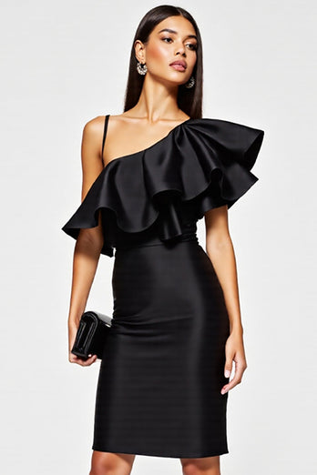 One Shoulder Short Black Tight Cocktail Dress with Ruffles