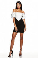 Load image into Gallery viewer, Black and White Off the Shoulder Short Patchwork Tight Cocktail Dress with Sleeves