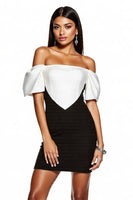 Load image into Gallery viewer, Black and White Off the Shoulder Short Patchwork Tight Cocktail Dress with Sleeves