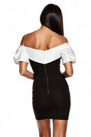 Load image into Gallery viewer, Black and White Off the Shoulder Short Patchwork Tight Cocktail Dress with Sleeves
