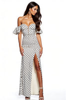 Load image into Gallery viewer, Black and White Sheath Polka Dot Maxi Formal Dress with Slit
