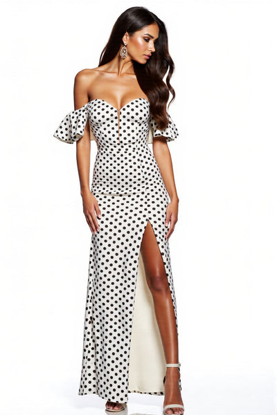 Black and White Sheath Polka Dot Maxi Formal Dress with Slit