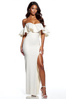 Load image into Gallery viewer, White Sheath Satin Off the Shoulder Maxi Formal Dress with Slit