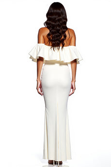 White Sheath Satin Off the Shoulder Maxi Formal Dress with Slit