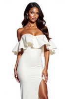 Load image into Gallery viewer, White Sheath Satin Off the Shoulder Maxi Formal Dress with Slit