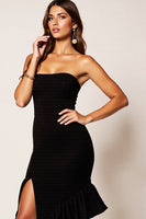Load image into Gallery viewer, Black Strapless Asymmetrical Satin Cocktail Dress with Slit