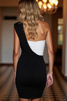 Load image into Gallery viewer, Black and White One Shoulder Short Satin Patchwork Tight Cocktail Dress