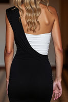 Load image into Gallery viewer, Black and White One Shoulder Short Satin Patchwork Tight Cocktail Dress