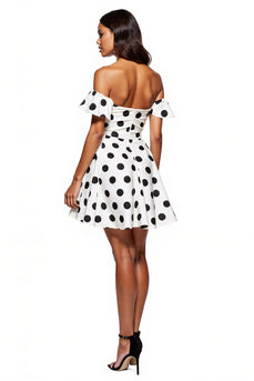 White and Black Short A Line Off the Shoulder Polka Dot Dress