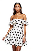 Load image into Gallery viewer, White and Black Short A Line Off the Shoulder Polka Dot Dress