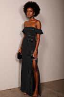 Load image into Gallery viewer, Black and White Off the Shoulder Sheath Maxi Polka Dot Dress with Slit