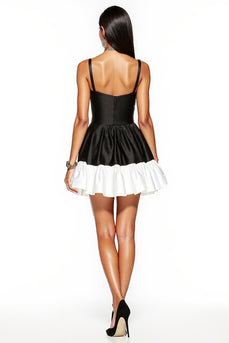 Black and White Spaghetti Straps A Line Patchwork Short Satin Cocktail Dress