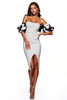Load image into Gallery viewer, Strapless White and Black Floral Slit Tight Midi Polka Dot Dress