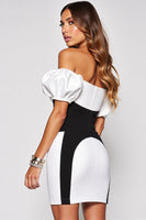 Load image into Gallery viewer, Black and White Puff Sleeves Short Patchwork Tight Cocktail Dress