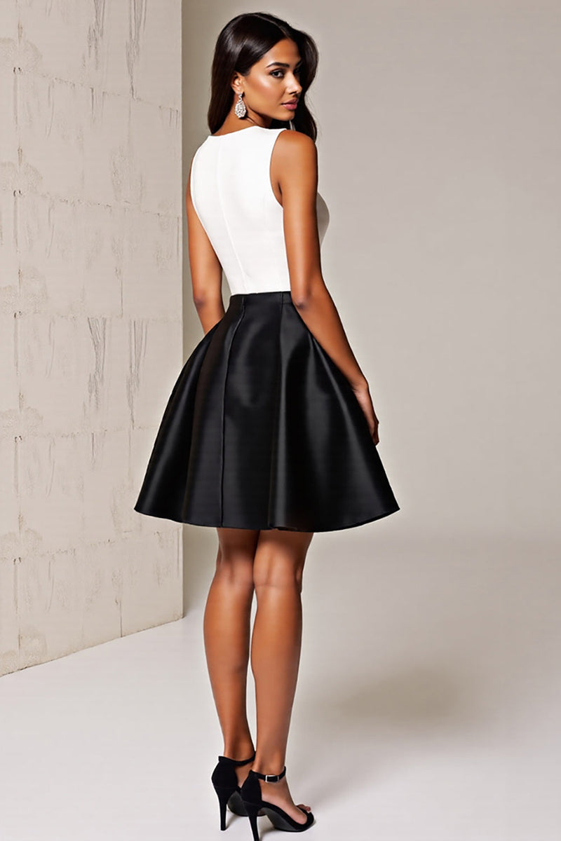 Load image into Gallery viewer, Simple Black and White Deep V-Neck Short Patchwork Satin Cocktail Dress