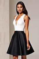 Load image into Gallery viewer, Simple Black and White Deep V-Neck Short Patchwork Satin Cocktail Dress