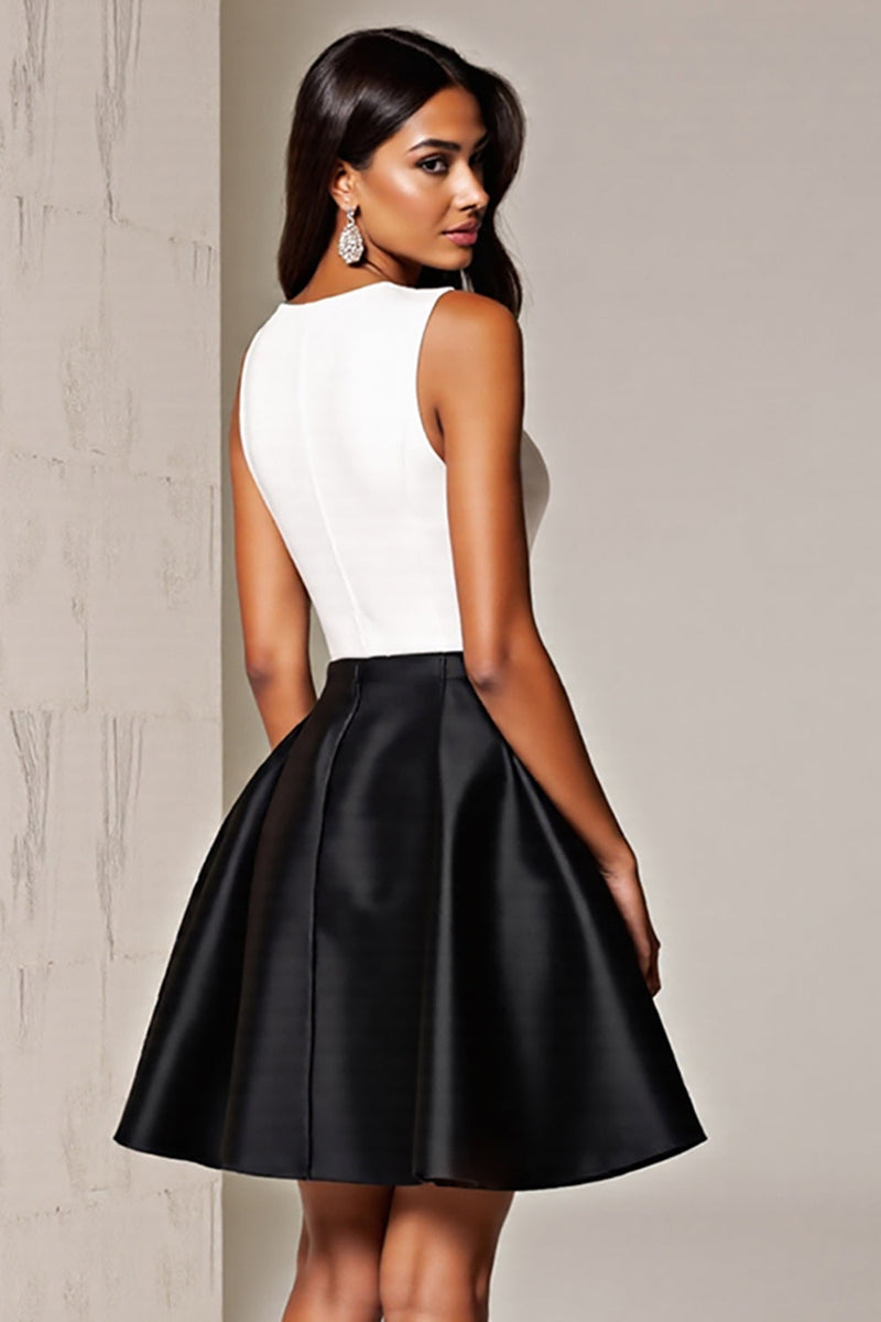 Load image into Gallery viewer, Simple Black and White Deep V-Neck Short Patchwork Satin Cocktail Dress