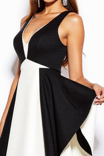 Simple Black and White V-Neck A Line Patchwork Short Cocktail Dress