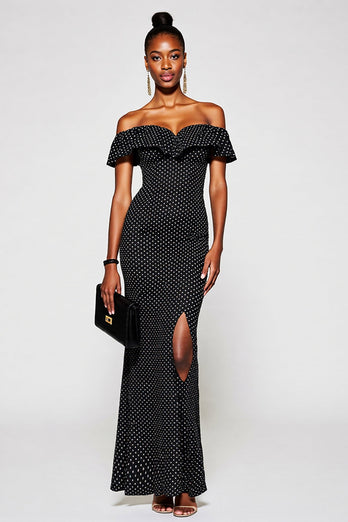 Black and White Mermaid Off the Shoulder Maxi Polka Dot Dress with Slit
