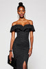 Load image into Gallery viewer, Black and White Mermaid Off the Shoulder Maxi Polka Dot Dress with Slit