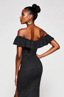 Load image into Gallery viewer, Black and White Mermaid Off the Shoulder Maxi Polka Dot Dress with Slit
