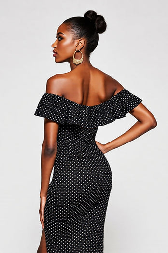 Black and White Mermaid Off the Shoulder Maxi Polka Dot Dress with Slit