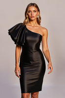 Load image into Gallery viewer, Black Short One Shoulder Satin Ruffles Tight Cocktail Dress