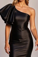 Load image into Gallery viewer, Black Short One Shoulder Satin Ruffles Tight Cocktail Dress