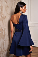 Load image into Gallery viewer, Navy One Shoulder Short Tight Satin Cocktail Dress with Sleeves