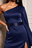 Load image into Gallery viewer, Navy One Shoulder Short Tight Satin Cocktail Dress with Sleeves