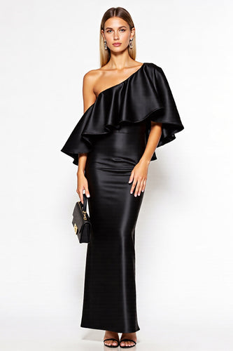 Sheath One Shoulder Satin Long Black Tie Dress with Ruffles