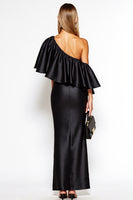 Load image into Gallery viewer, Sheath One Shoulder Satin Long Black Tie Dress with Ruffles
