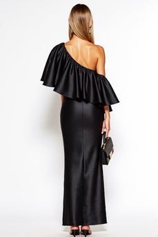Sheath One Shoulder Satin Long Black Tie Dress with Ruffles