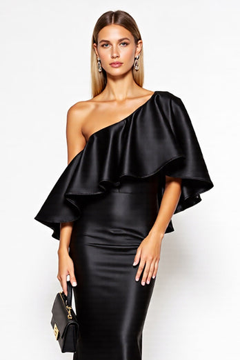 Sheath One Shoulder Satin Long Black Tie Dress with Ruffles