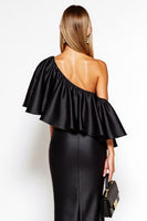 Load image into Gallery viewer, Sheath One Shoulder Satin Long Black Tie Dress with Ruffles