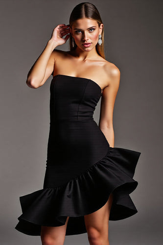 Black Strapless Short Tight Satin Cocktail Dress with Ruffles